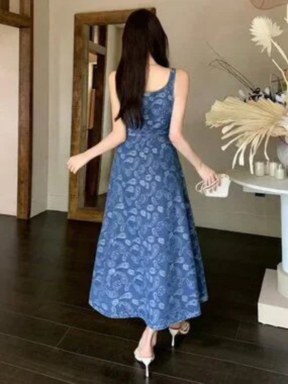 ZARA Medium Wash Boho Women's Denim Jacquard midi Dress